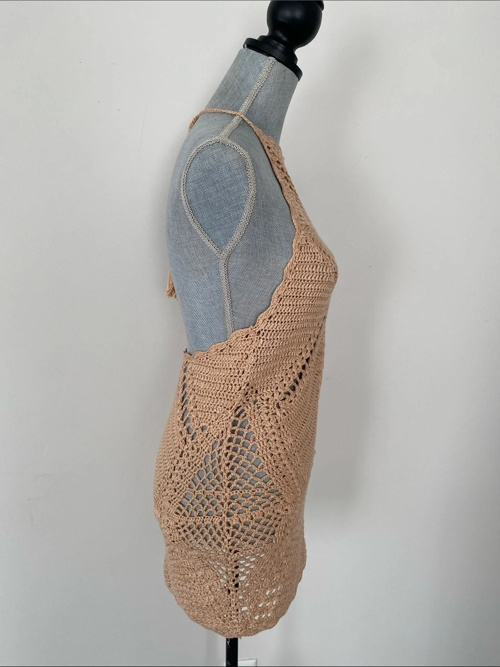 Forever 21 Beige Crochet Knit Halter Mini Dress Swim Coverup Beach Festival